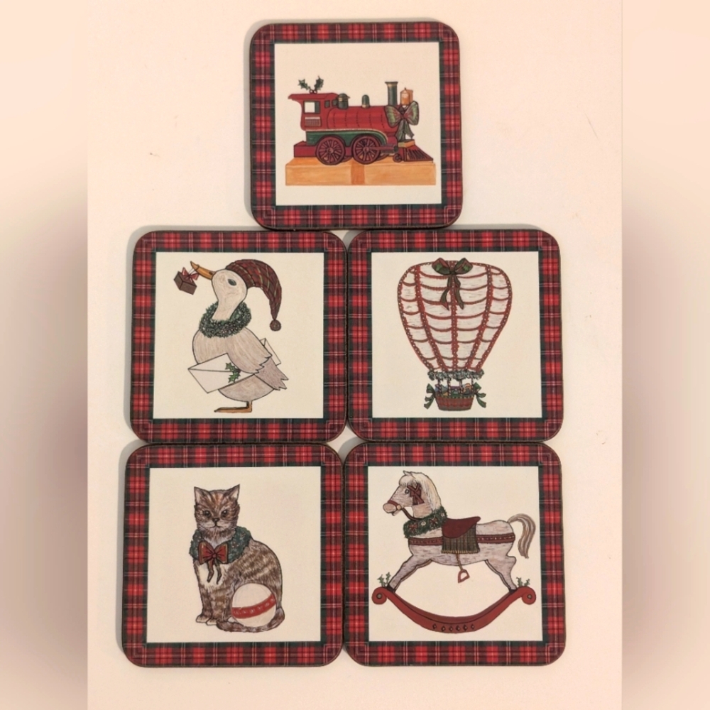 Pimpernel Vtg‎ Tartan Christmas Set of 5 Cork Backed Coasters Made in England